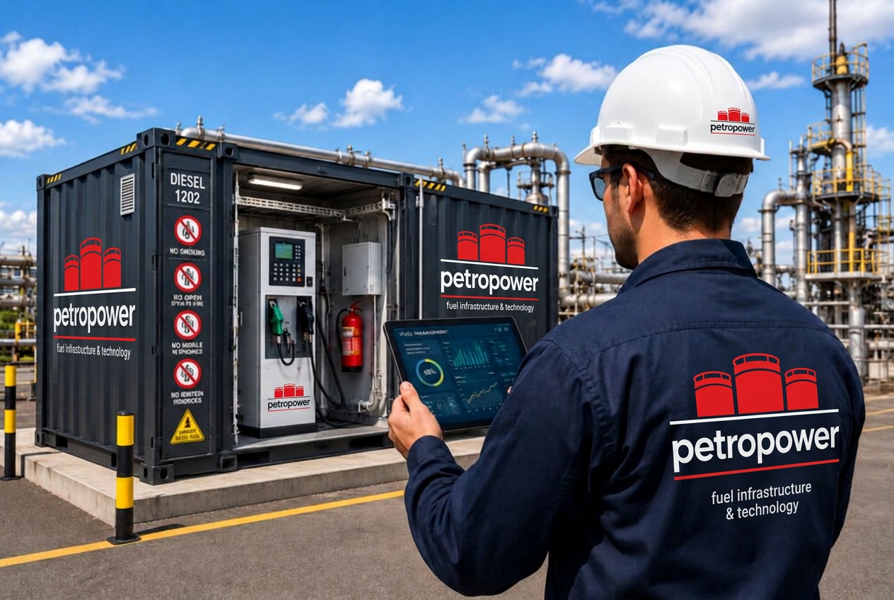 Technician monitoring a containerised fuel station